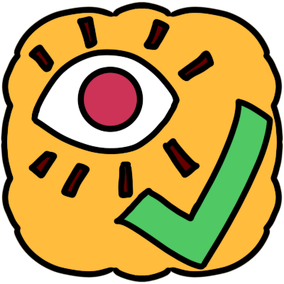 yellow thought cloud shape with eye and green checkmark in it. eye has pink pupil and dark red emphasis lines around it.